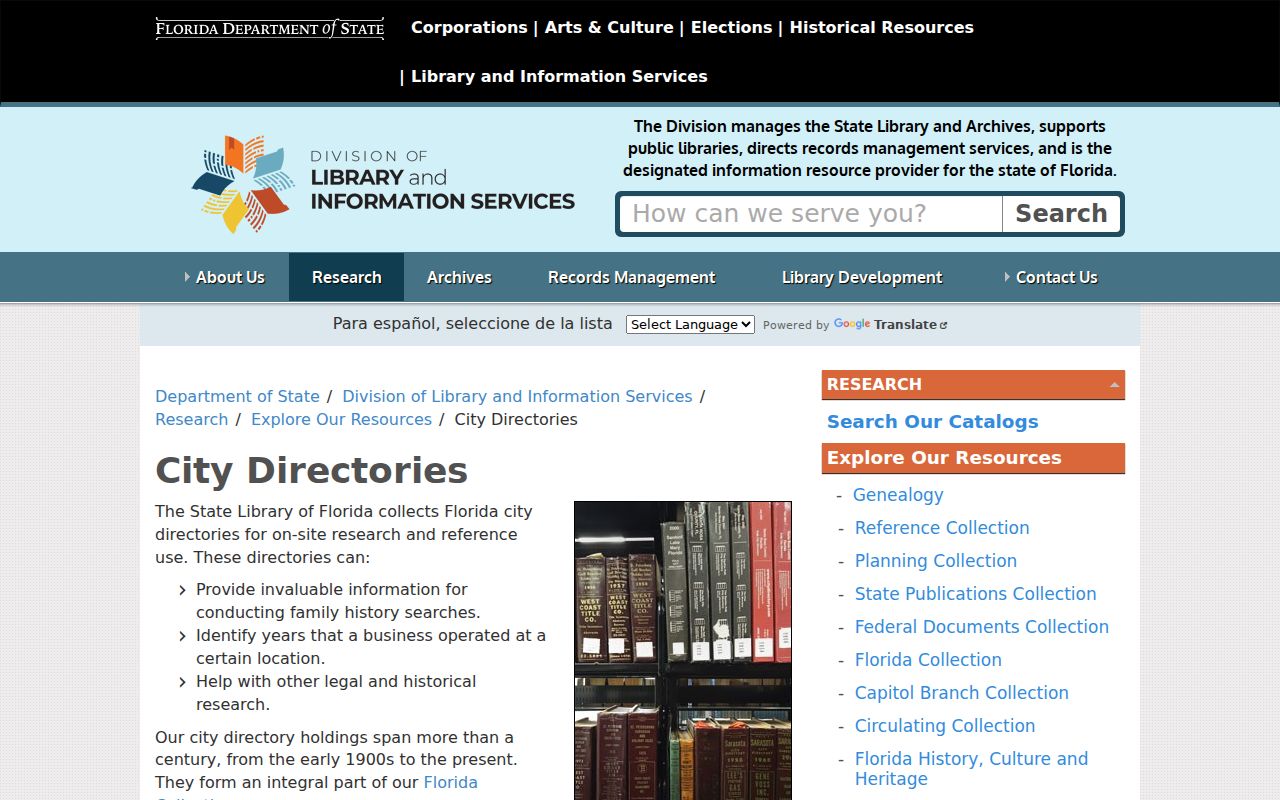 Florida State Library city directory collection and research guidance