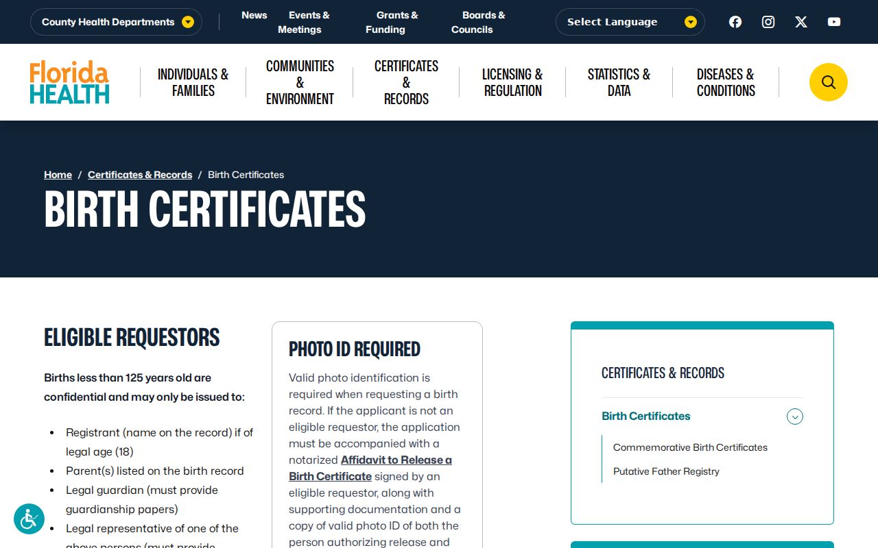 Lakeland previous residents Florida birth record instructions