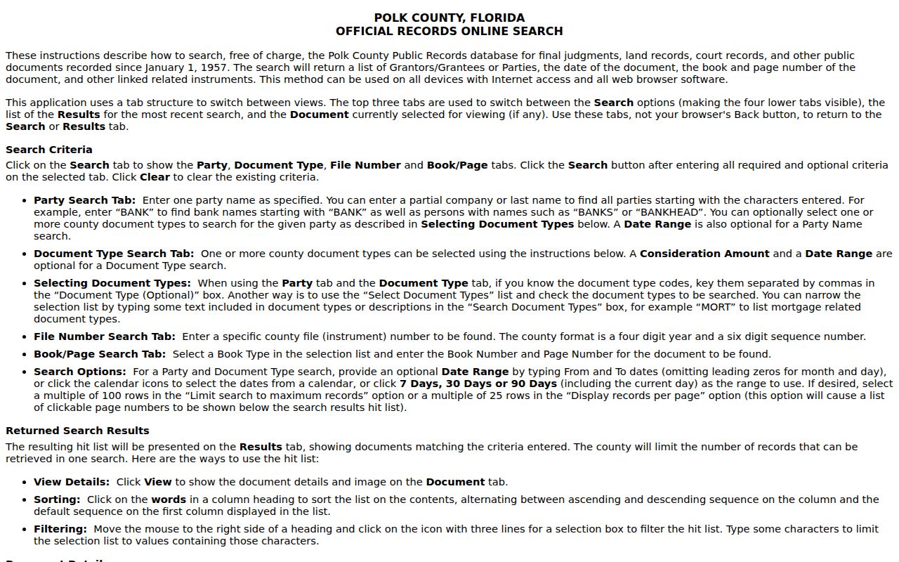 Polk Official Records instructions for Lakeland deed and party searches