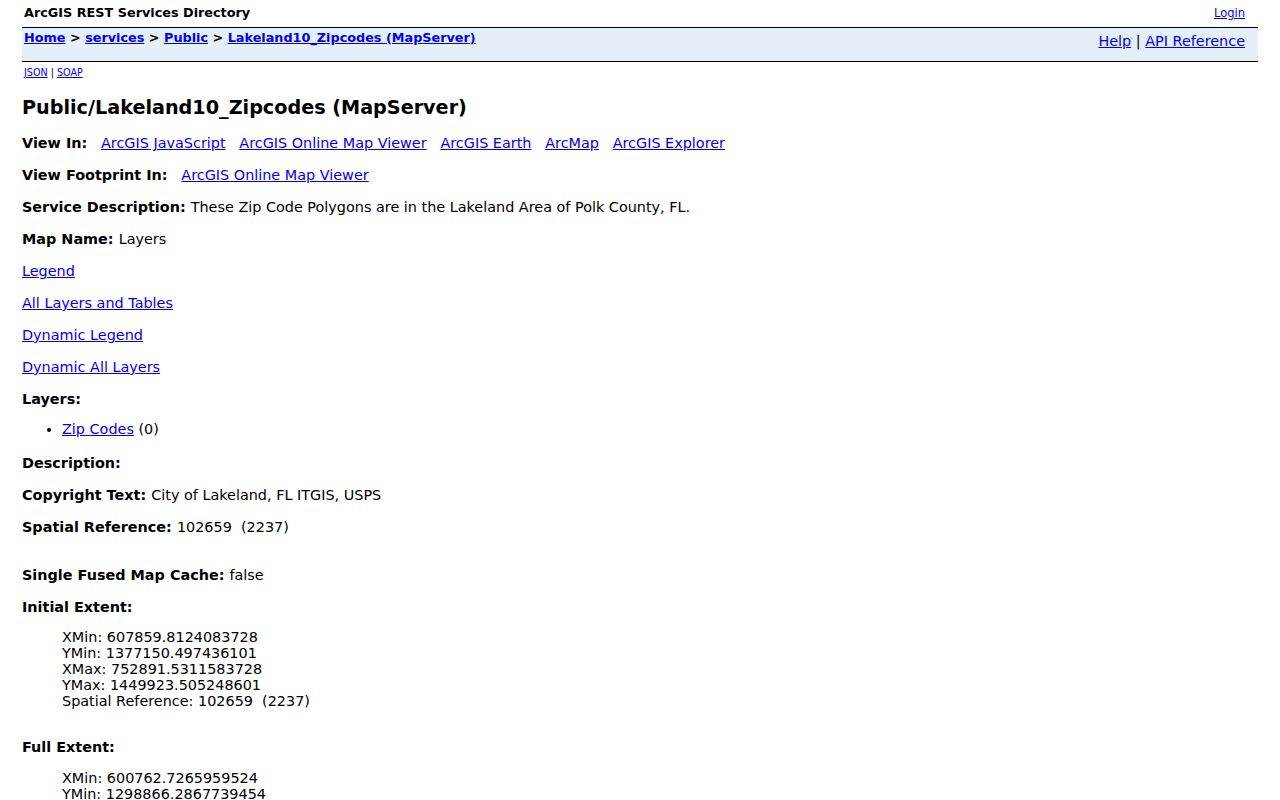 Lakeland ZIP code directory polygon map service